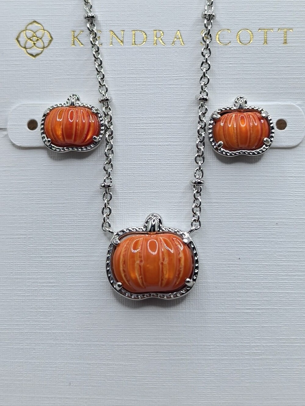 Kendra Scott Silver and Orange Pumpkin  Necklace & Stud Earrings Set